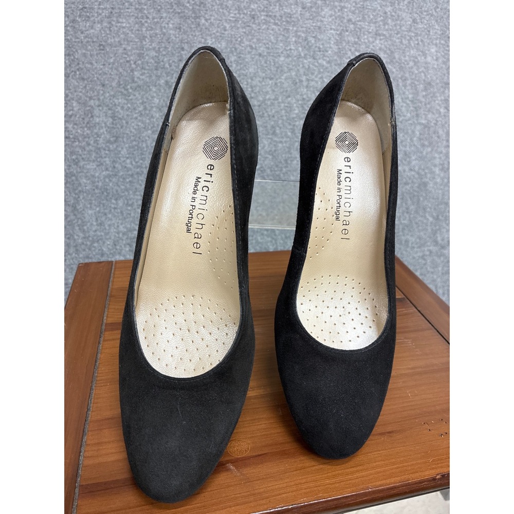 Eric Michael Black Suede Block Heel Pumps Round Toe Leather Shoes Portugal